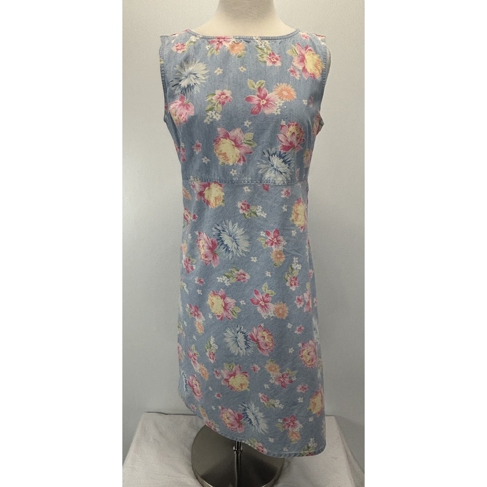 Vtg Liz Claiborne Chambray Denim Look Dress Sz 10 Floral Sheath Cottage Y2K